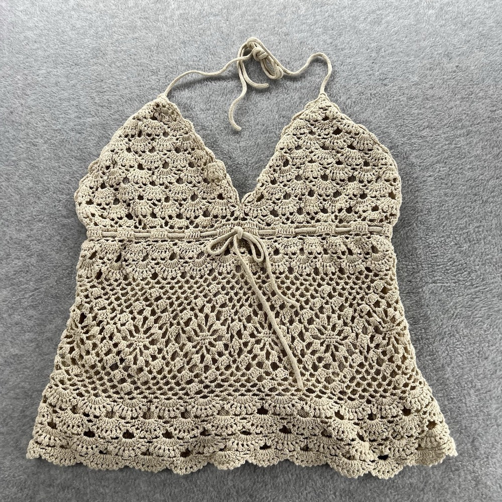 Newport News Crochet Womens Large Cream Beige Halter Top Boho Festival Fairy